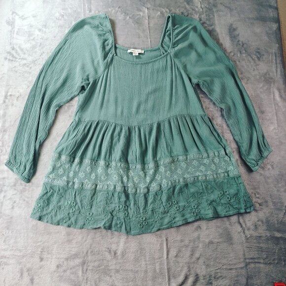 American Eagle Womens Small Green Boho Peasant Top Long Sleeve Embroidered Tunic - Picture 1 of 9